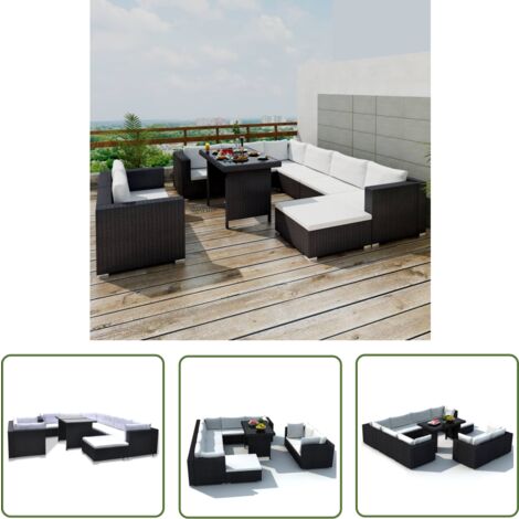 The Living Store Salon de jardin 10 pcs avec coussins Résine tressée Noir - Mobilier De Jardin - Salon De Jardin - Set De Salon - Meubles De Jardin - Résine Tressée