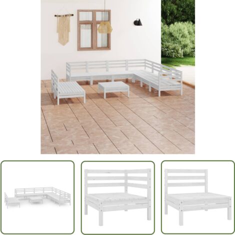 The Living Store Salon de jardin 10 pcs Bois de pin massif Blanc - Salon De Jardin - Ensemble De Salon De Jardin - Fauteuil De Jardin - Table Basse - Bois De Pin