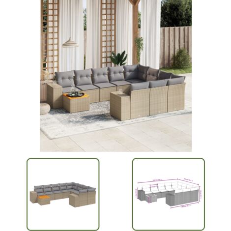 The Living Store Salon de jardin 11 pcs avec coussins beige résine tressée - Ensemble Salon De Jardin - Meuble Extérieur - Jardin Design - Mobilier De Jardin - Chaise Lounge