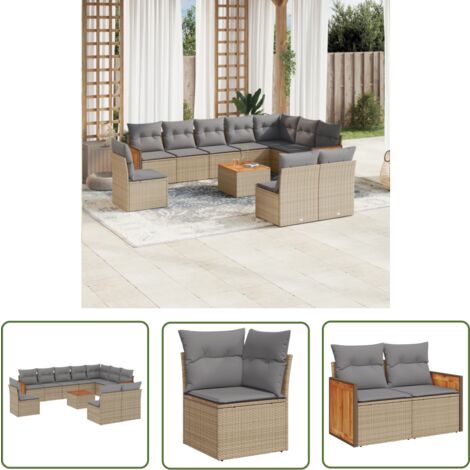 The Living Store Salon de jardin 11 pcs avec coussins beige résine tressée - Ensemble Salon De Jardin - Meuble Extérieur - Mobilier De Jardin - Chaise Longue - Set Salon