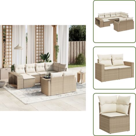 The Living Store Salon de jardin 11 pcs avec coussins beige résine tressée - Ensemble Salon De Jardin - Mobilier De Jardin - Canapé D'extérieur - Set Salon Exterieur - Table Basse Extérieure
