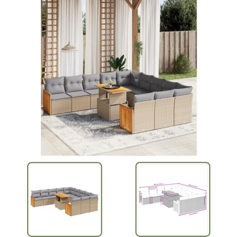 The Living Store Salon de jardin 11 pcs avec coussins beige résine tressée - Ensemble Salon De Jardin - Mobilier Extérieur - Meubles De Jardin - Chaise Longue - Set Salon