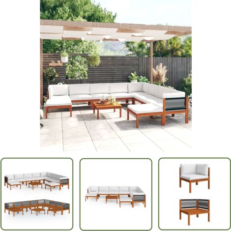 The Living Store Salon de jardin 11 pcs avec coussins Crème Bois d'acacia solide - Salon De Jardin - Meuble De Jardin - Set De Salon De Jardin - Acacia Massif - Table Basse
