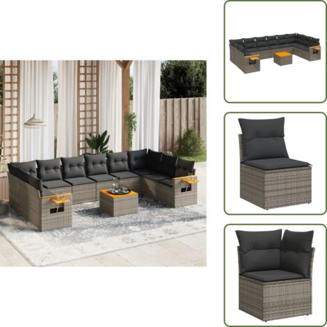 The Living Store Salon de jardin 11 pcs avec coussins gris résine tressée - Ensemble Salon De Jardin - Meuble Extérieur - Jardin Design - Mobilier De Jardin - Chaise Lounge