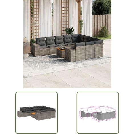 The Living Store Salon de jardin 11 pcs avec coussins gris résine tressée - Ensemble Salon De Jardin - Meuble Extérieur - Jardin Design - Mobilier De Jardin - Chaise Lounge