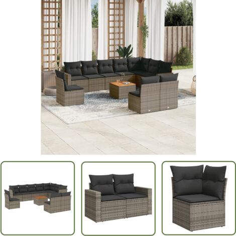 The Living Store Salon de jardin 11 pcs avec coussins gris résine tressée - Ensemble Salon De Jardin - Mobilier De Jardin - Canapé Extérieur - Set De Salon - Chaise Longue