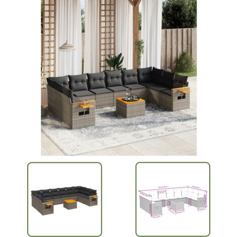 The Living Store Salon de jardin 11 pcs avec coussins gris résine tressée - Salon De Jardin - Canapé Extérieur - Mobilier De Jardin - Set Salon - Résine Tressée