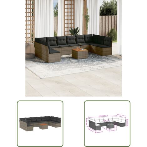 The Living Store Salon de jardin 11 pcs avec coussins gris résine tressée - Salon De Jardin - Mobilier De Jardin - Salon Extérieur - Set De Salon - Chaise Longue