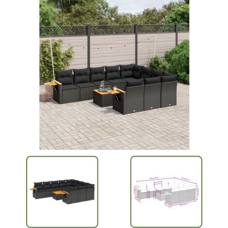 The Living Store Salon de jardin 11 pcs avec coussins noir résine tressée - Ensemble Salon De Jardin - Canapé Extérieur - Meuble De Jardin - Rotin Synthétique - Résine Tressée