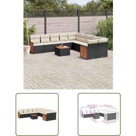 The Living Store Salon de jardin 11 pcs avec coussins noir résine tressée - Ensemble Salon De Jardin - Meuble Extérieur - Jardin Design - Mobilier De Jardin - Chaise Lounge
