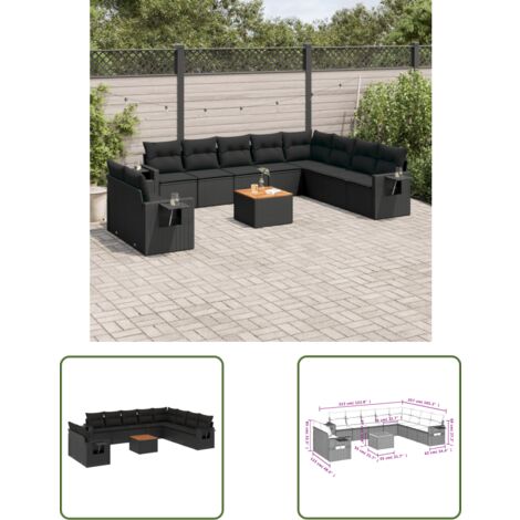 The Living Store Salon de jardin 11 pcs avec coussins noir résine tressée - Ensemble Salon De Jardin - Meuble Extérieur - Jardin Design - Mobilier De Jardin - Chaise Lounge