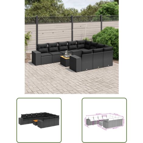 The Living Store Salon de jardin 11 pcs avec coussins noir résine tressée - Ensemble Salon De Jardin - Meuble Extérieur - Jardin Design - Mobilier De Jardin - Chaise Lounge