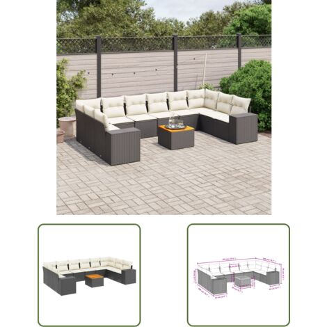 The Living Store Salon de jardin 11 pcs avec coussins noir résine tressée - Ensemble Salon De Jardin - Meuble Extérieur - Jardin Design - Mobilier De Jardin - Chaise Lounge