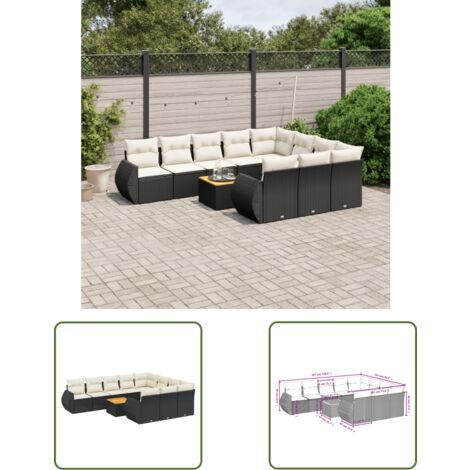 The Living Store Salon de jardin 11 pcs avec coussins noir résine tressée - Ensemble Salon De Jardin - Meuble Extérieur - Jardin Design - Mobilier De Jardin - Chaise Lounge
