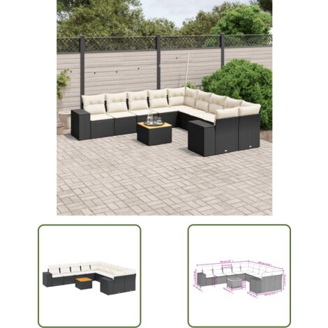 The Living Store Salon de jardin 11 pcs avec coussins noir résine tressée - Ensemble Salon De Jardin - Meuble Extérieur - Jardin Design - Mobilier De Jardin - Chaise Lounge