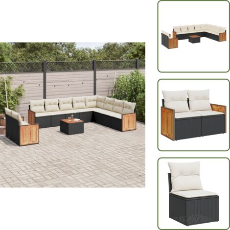 The Living Store Salon de jardin 11 pcs avec coussins noir résine tressée - Ensemble Salon De Jardin - Meuble Extérieur - Jardin Design - Mobilier De Jardin - Chaise Lounge