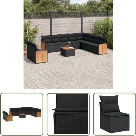 The Living Store Salon de jardin 11 pcs avec coussins noir résine tressée - Ensemble Salon De Jardin - Meuble Extérieur - Jardin Design - Mobilier De Jardin - Chaise Lounge
