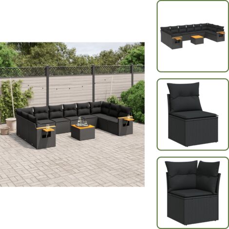 The Living Store Salon de jardin 11 pcs avec coussins noir résine tressée - Ensemble Salon De Jardin - Meuble Extérieur - Jardin Design - Mobilier De Jardin - Chaise Lounge