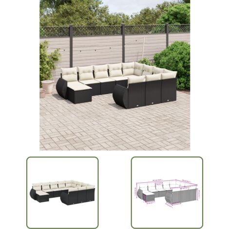 The Living Store Salon de jardin 11 pcs avec coussins noir résine tressée - Ensemble Salon De Jardin - Meuble Extérieur - Jardin Design - Mobilier De Jardin - Chaise Lounge
