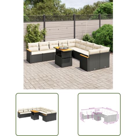 The Living Store Salon de jardin 11 pcs avec coussins noir résine tressée - Ensemble Salon De Jardin - Meuble Extérieur - Jardin Design - Mobilier De Jardin - Chaise Lounge