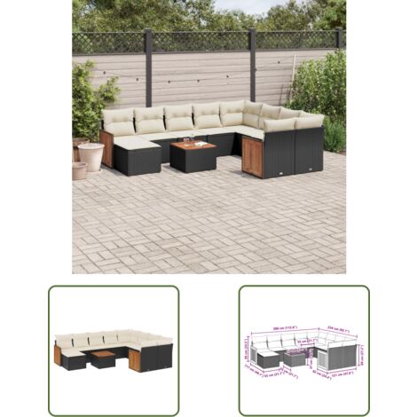 The Living Store Salon de jardin 11 pcs avec coussins noir résine tressée - Ensemble Salon De Jardin - Meuble Extérieur - Jardin - Mobilier De Jardin - Chaise Lounge