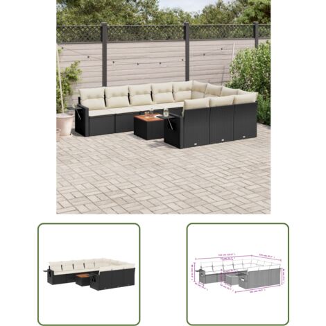 The Living Store Salon de jardin 11 pcs avec coussins noir résine tressée - Ensemble Salon De Jardin - Meuble Extérieur - Jardin - Mobilier De Jardin - Chaise Lounge