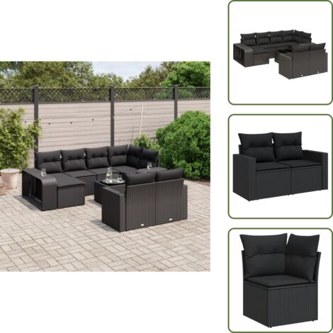 The Living Store Salon de jardin 11 pcs avec coussins noir résine tressée - Ensemble Salon De Jardin - Mobilier De Jardin - Canapé D'extérieur - Set De Jardin - Table Basse Extérieure