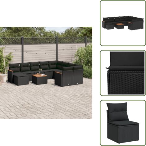 The Living Store Salon de jardin 11 pcs avec coussins noir résine tressée - Ensemble Salon De Jardin - Mobilier De Jardin - Canapé Extérieur - Fauteuil De Jardin - Table Basse Extérieure