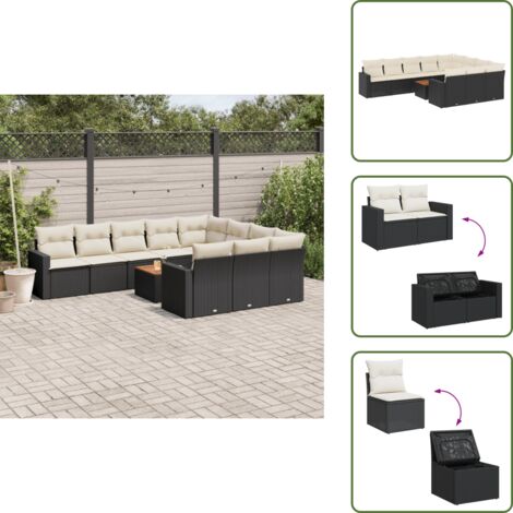 The Living Store Salon de jardin 11 pcs avec coussins noir résine tressée - Ensemble Salon De Jardin - Mobilier De Jardin - Canapé Extérieur - Fauteuil De Jardin - Table Basse Extérieure