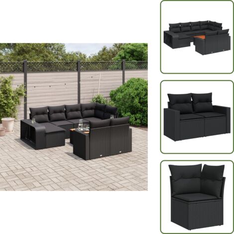 The Living Store Salon de jardin 11 pcs avec coussins noir résine tressée - Ensemble Salon De Jardin - Mobilier De Jardin - Canapé Extérieur - Table De Jardin - Chaise Lounge