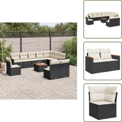 The Living Store Salon de jardin 11 pcs avec coussins noir résine tressée - Ensemble Salon De Jardin - Mobilier Extérieur - Canapé Jardin - Table Jardin - Chaise Lounge