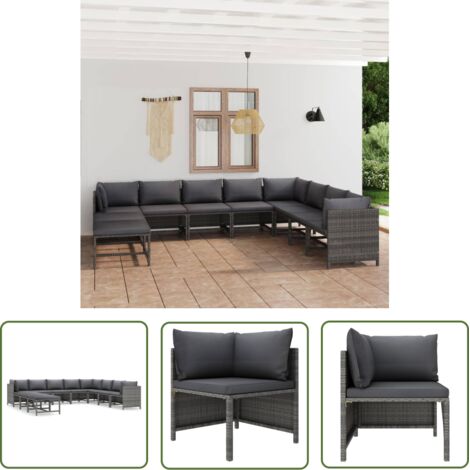 The Living Store Salon de jardin 11 pcs avec coussins Résine tressée Gris - Salon De Jardin - Mobilier De Jardin - Ensemble De Salon - Meubles De Jardin - Résine Tressée