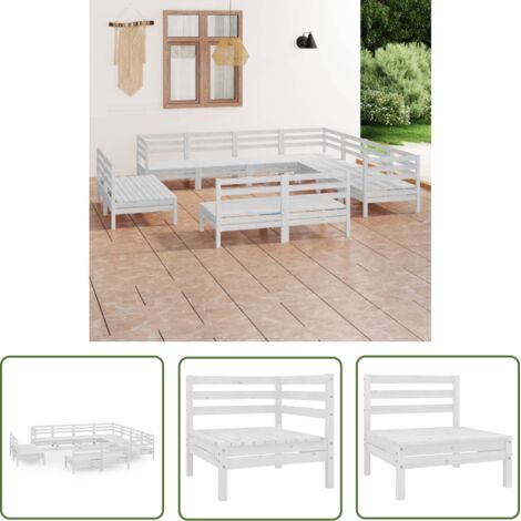 The Living Store Salon de jardin 11 pcs Bois de pin massif Blanc - Salon De Jardin - Mobilier De Jardin - Ensemble Salon De Jardin - Set De Salon Extérieur - Table Basse