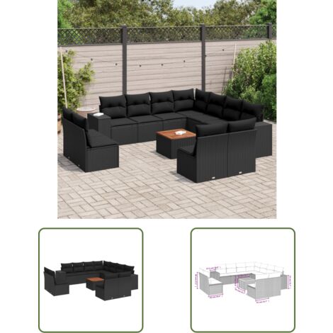 The Living Store Salon de jardin 12 pcs avec coussins noir résine tressée - Ensemble Salon De Jardin - Meuble Extérieur - Jardin Design - Mobilier De Jardin - Chaise Lounge
