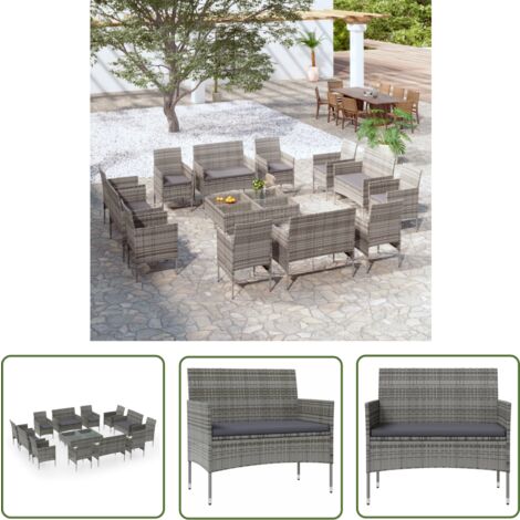 The Living Store Salon de jardin 16 pcs avec coussins Résine tressée Gris - Salon De Jardin - Mobilier De Jardin - Set De Salon - Meubles De Jardin - Résine Tressée