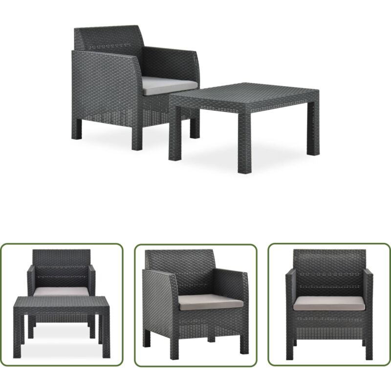 The Living Store - Salon de jardin 2 pcs avec coussin pp Rotin Anthracite - Salon De Jardin - Meuble Extérieur - Set De Salon - Fauteuil De Jardin