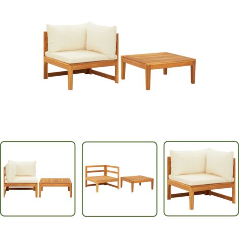 The Living Store Salon de jardin 2 pcs avec coussins blanc crème Bois d'acacia - Ensemble Salon De Jardin - Mobilier De Jardin - Salon Extérieur - Meubles De Terrasse - Acacia Massif