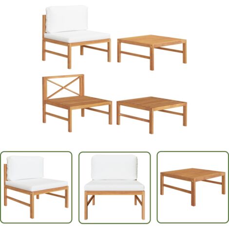 The Living Store Salon de jardin 2 pcs avec coussins crème Bois de teck - Meubles De Jardin - Salon De Jardin - Set De Jardin - Mobilier Extérieur - Table Basse