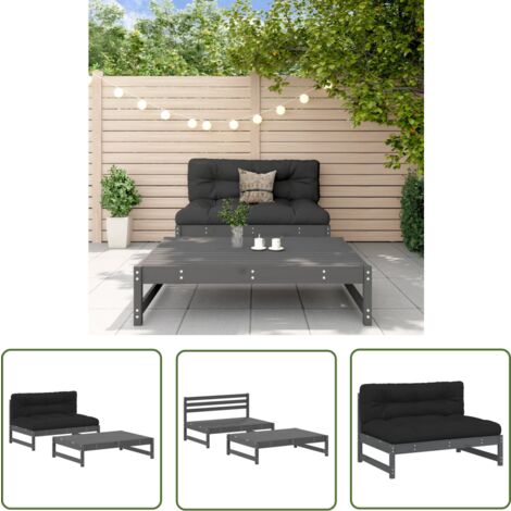 The Living Store Salon de jardin 2 pcs avec coussins gris bois massif - Salon De Jardin - Mobilier De Jardin - Ensemble Salon - Meubles De Jardin - Bois Massif