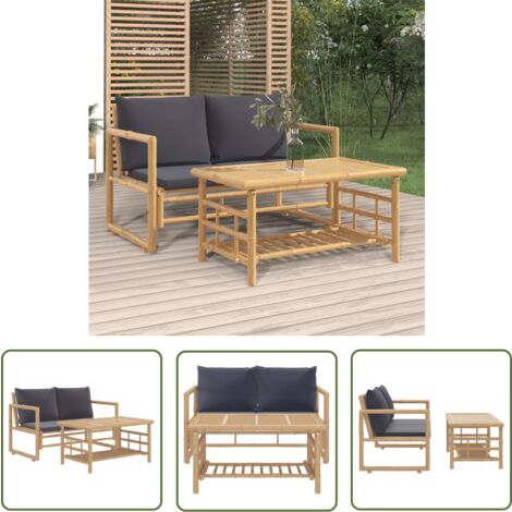 The Living Store Salon de jardin 2 pcs avec coussins gris foncé bambou - Salon De Jardin - Mobilier De Jardin - Set De Salon - Meubles De Jardin - Bambou
