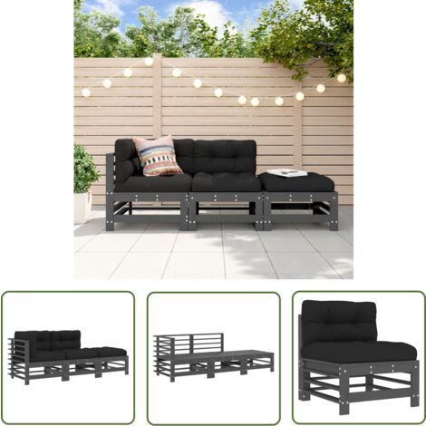The Living Store Salon de jardin 3 pcs avec coussins gris bois massif - Salon De Jardin - Mobilier De Jardin - Ensemble Salon - Meubles De Jardin - Bois Massif