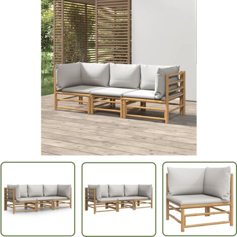 The Living Store Salon de jardin 3 pcs avec coussins gris clair bambou - Salon De Jardin - Mobilier De Jardin - Ensemble De Salon - Meubles En Bambou - Canapé D'angle