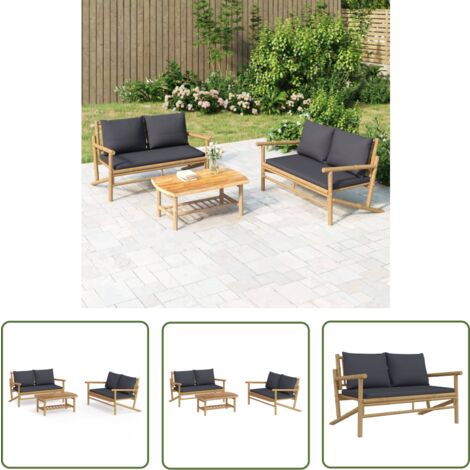 The Living Store Salon de jardin 3 pcs avec coussins gris foncé bambou - Salon De Jardin - Mobilier De Jardin - Ensemble De Salon - Meubles En Bambou - Set De Jardin