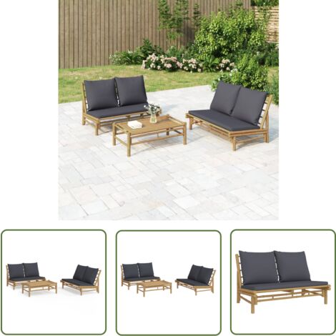 The Living Store Salon de jardin 3 pcs avec coussins gris foncé bambou - Salon De Jardin - Mobilier De Jardin - Ensemble De Salon - Meubles En Bambou - Set De Jardin