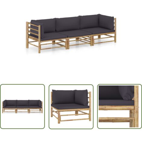 The Living Store Salon de jardin 3 pcs avec coussins gris foncé bambou - Salon De Jardin - Mobilier De Jardin - Set De Salon - Meubles De Jardin - Bambou