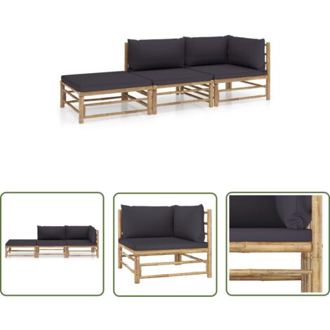 The Living Store Salon de jardin 3 pcs avec coussins gris foncé bambou - Salon De Jardin - Mobilier De Jardin - Set De Salon - Meubles De Jardin - Bambou