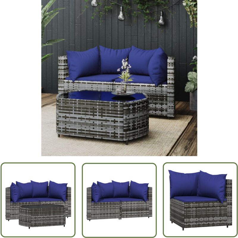 Salon de jardin 3 pcs avec coussins Gris Résine tressée - Canapé De Jardin - Mobilier De Jardin - Salon De Jardin - Set De Jardin - Table Basse - The