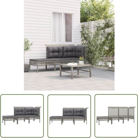 The Living Store Salon de jardin 3 pcs avec coussins Gris Résine tressée - Salon De Jardin - Mobilier De Jardin - Set De Salon De Jardin - Meubles De Jardin - Chaise Lounge
