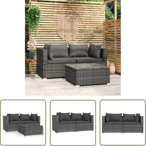 The Living Store Salon de jardin 3 pcs avec coussins Gris Résine tressée - Salon De Jardin - Mobilier De Jardin - Set De Salon Extérieur - Meubles D'extérieur - Table Basse