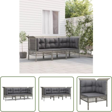 The Living Store Salon de jardin 3 pcs avec coussins Gris Résine tressée - Salon De Jardin - Mobilier De Jardin - Set De Salon - Meubles De Jardin - Résine Tressée